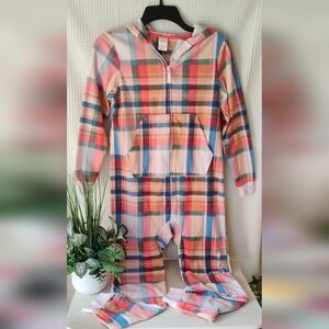 Cat & Jack Girls One Piece Hoodie Pajama Peach/Pink Plaid Size XL(14)